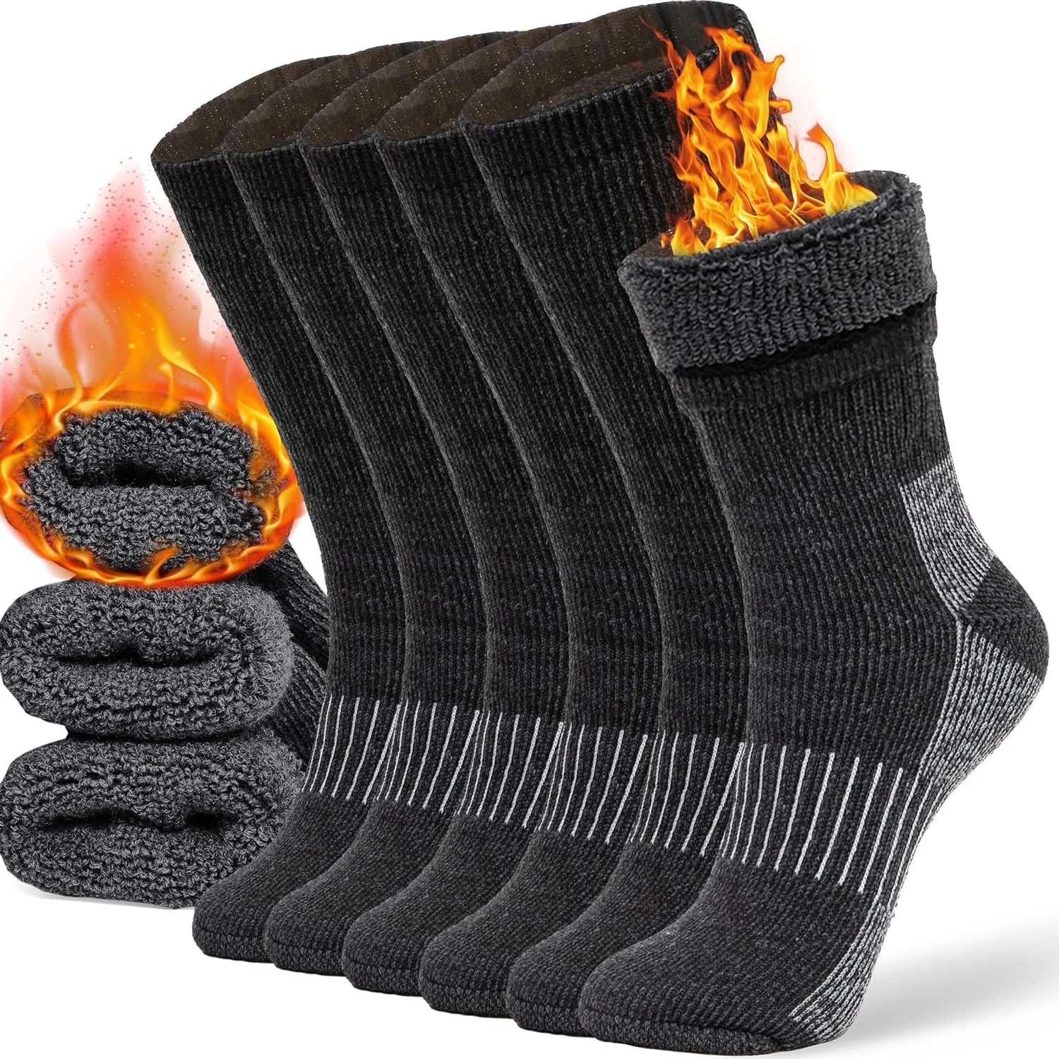 Set of black Merino wool socks with fire graphics, designed for warmth and comfort in winter for men and women.