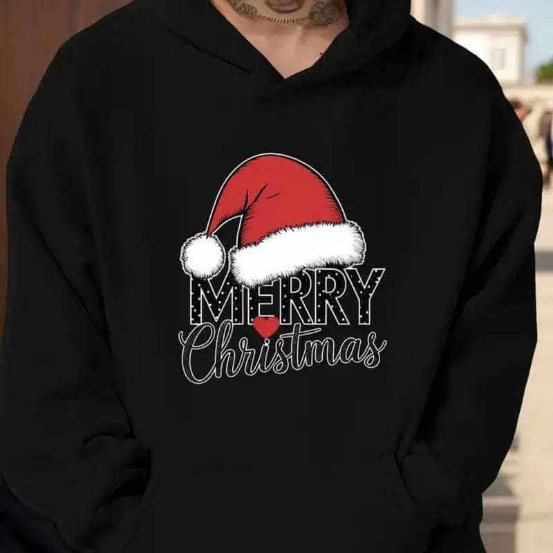 Black printed hooded sweatshirt with Merry Christmas text and Santa hat design