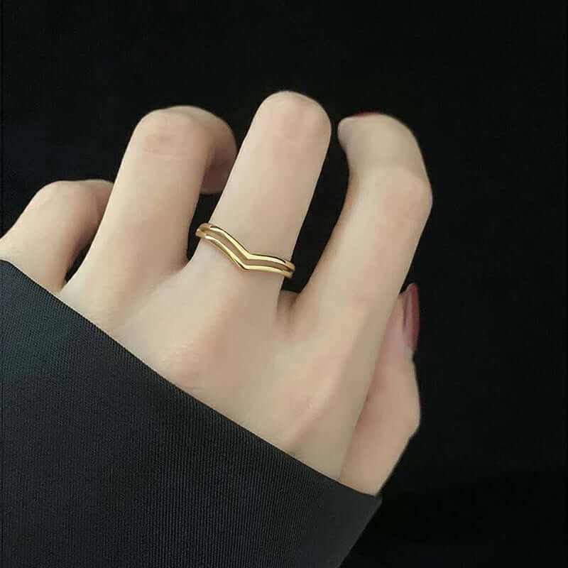 Minimalist 18K gold plated dainty stacking ring with chevron detail on finger