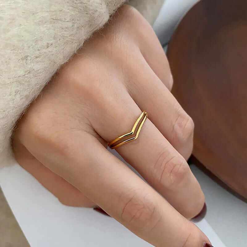 Minimalist 18K gold plated dainty chevron stacking ring on hand