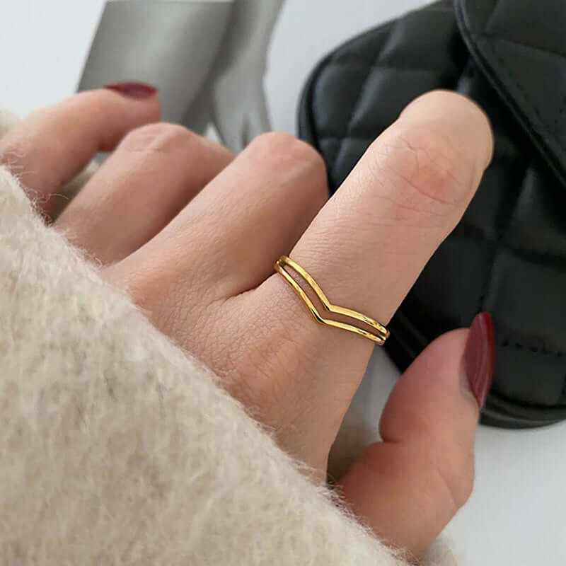 Minimalist 18K gold plated dainty stacking chevron ring on hand