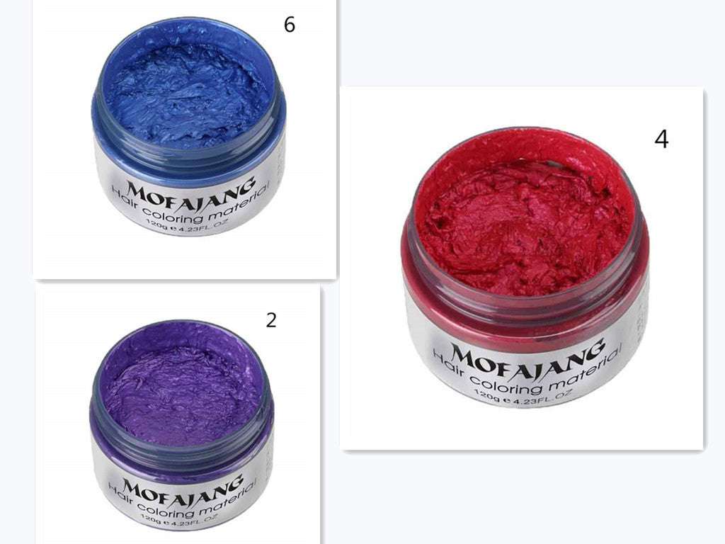 Mofajang Hair Wax jars in blue, red, and purple colors with natural ingredients, 120g each