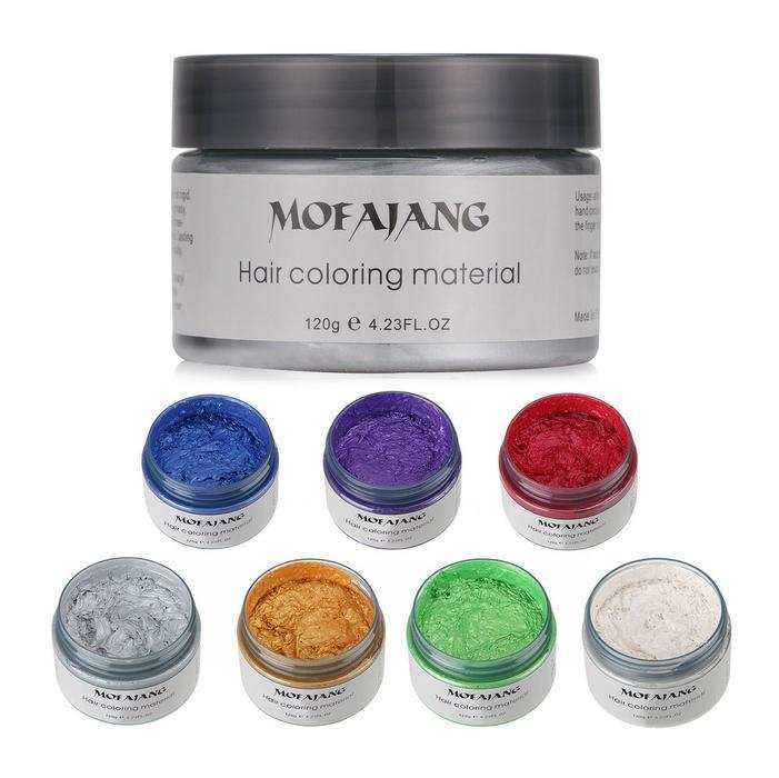 Mofajang Hair Wax 120g jars in various colors including gray, white, purple, gold, green, blue, red, and black with natural ingredients.