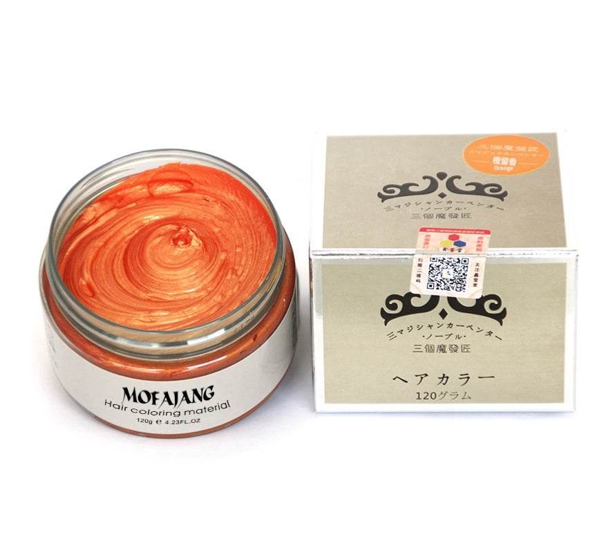 Mofajang Hair Wax 120g in orange color with natural ingredients in a silver jar and beige box