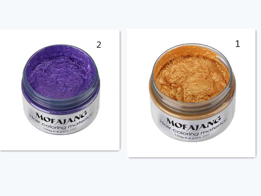 Open jars of Mofajang Hair Wax in purple and gold colors, 120g each, natural ingredients