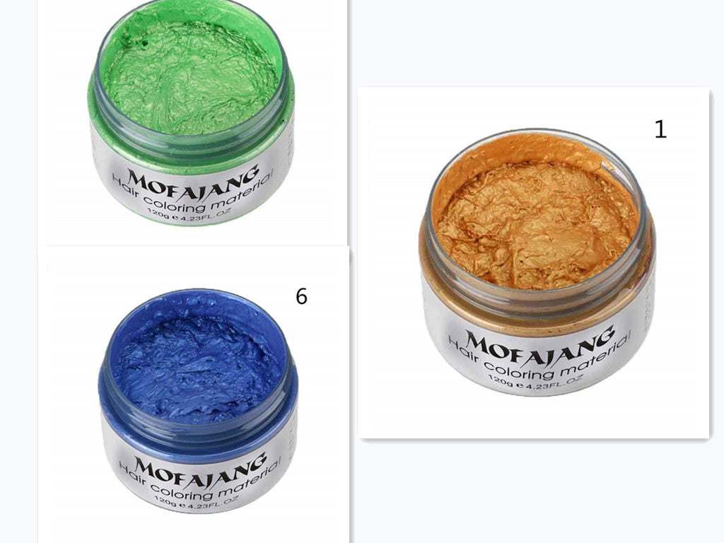 Mofajang Hair Wax 120g jars in green, gold, and blue hair coloring wax with natural ingredients