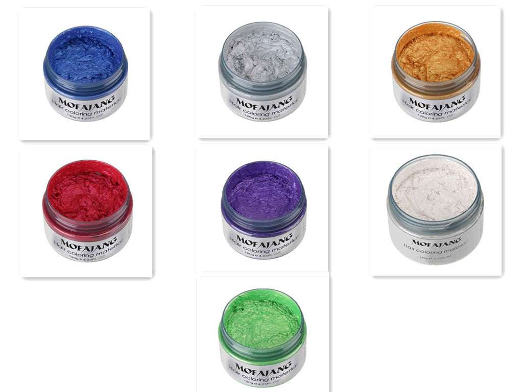Mofajang Hair Wax 120g in blue, gray, gold, red, purple, white, and green colors in open jars