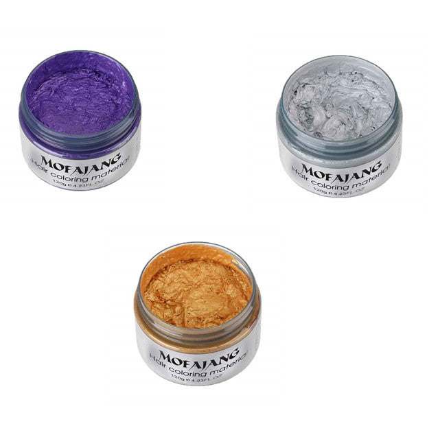 Mofajang Hair Wax 120g jars in purple, gray, and gold colors with natural ingredients