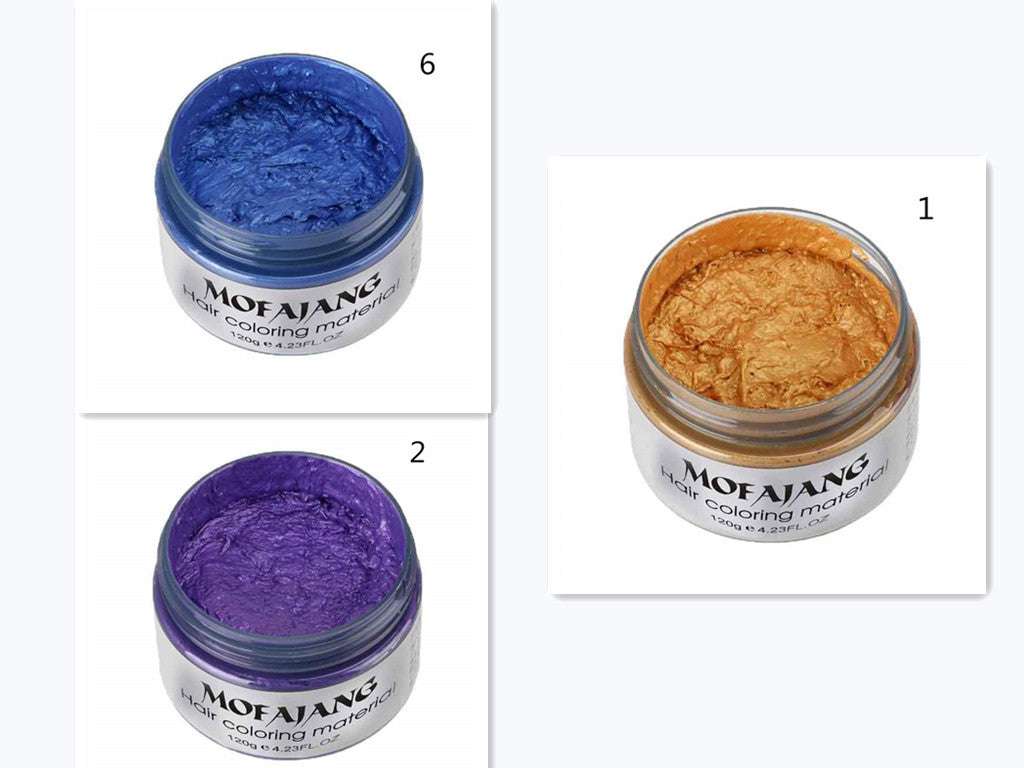 Mofajang Hair Wax 120g in gold, purple, and blue colors with natural ingredients and hair coloring formula
