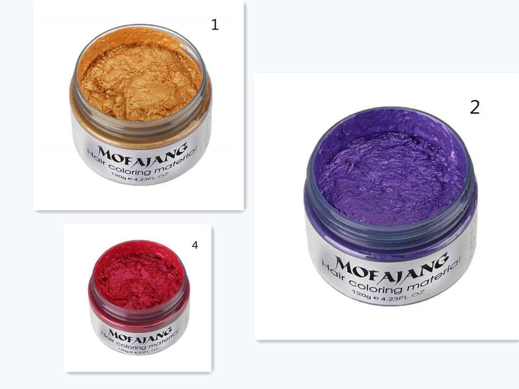 Mofajang Hair Wax jars in gold, purple, and red colors for hair coloring and styling.