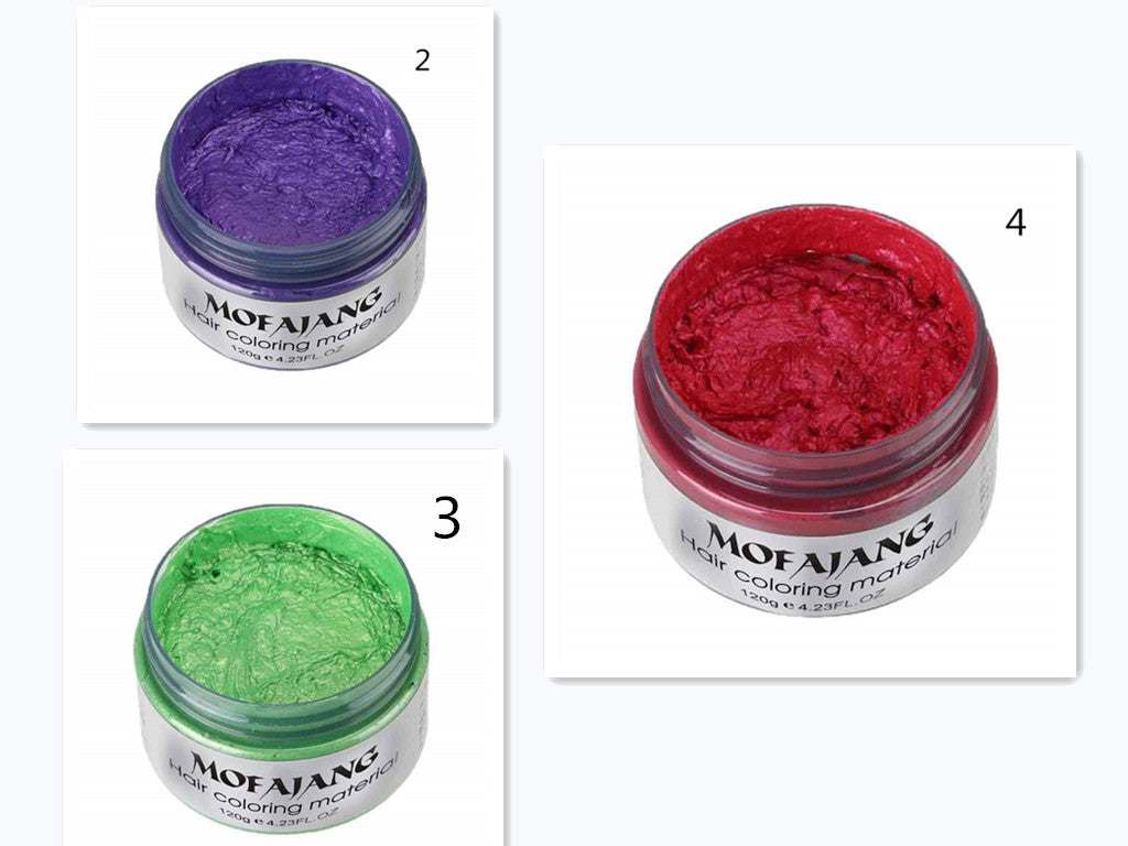 Mofajang Hair Wax jars in purple, green, and red colors for hair coloring and styling