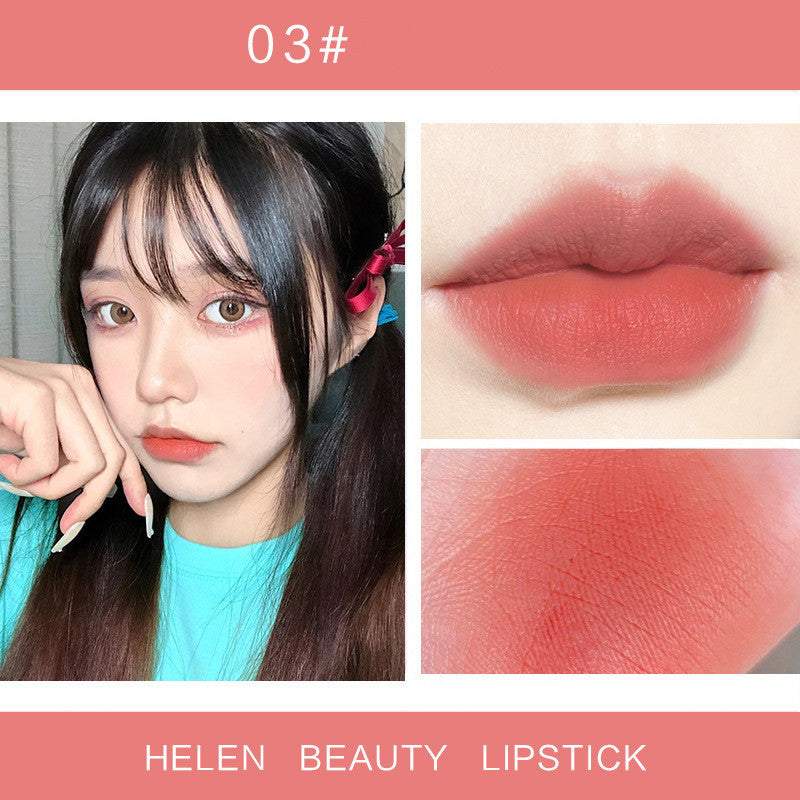 Moisturizing Cosmetics small tube lipstick in frosted peach shade applied on lips with model showcasing makeup look