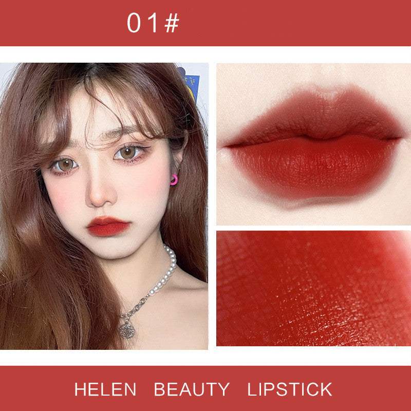 Moisturizing Cosmetics vintage red pear lipstick color on model lips and close-up swatch