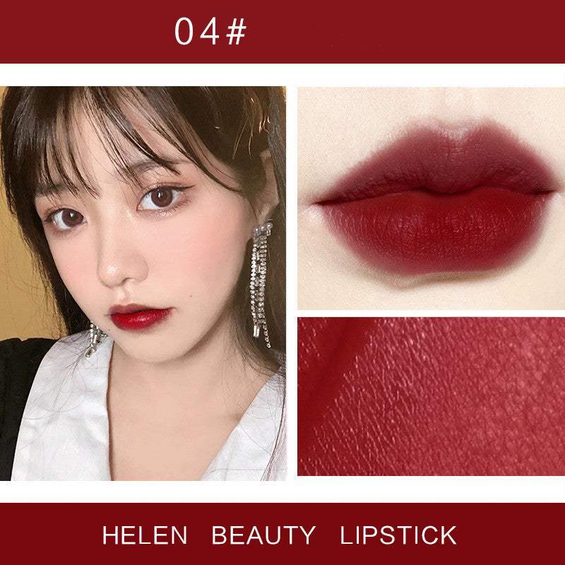 Moisturizing cosmetics vintage red pear lipstick on model with close-up lip texture and color swatch