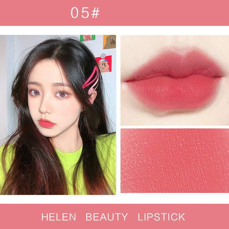Moisturizing Cosmetics small tube lipstick in cream bean paste shade shown on model and lip swatch