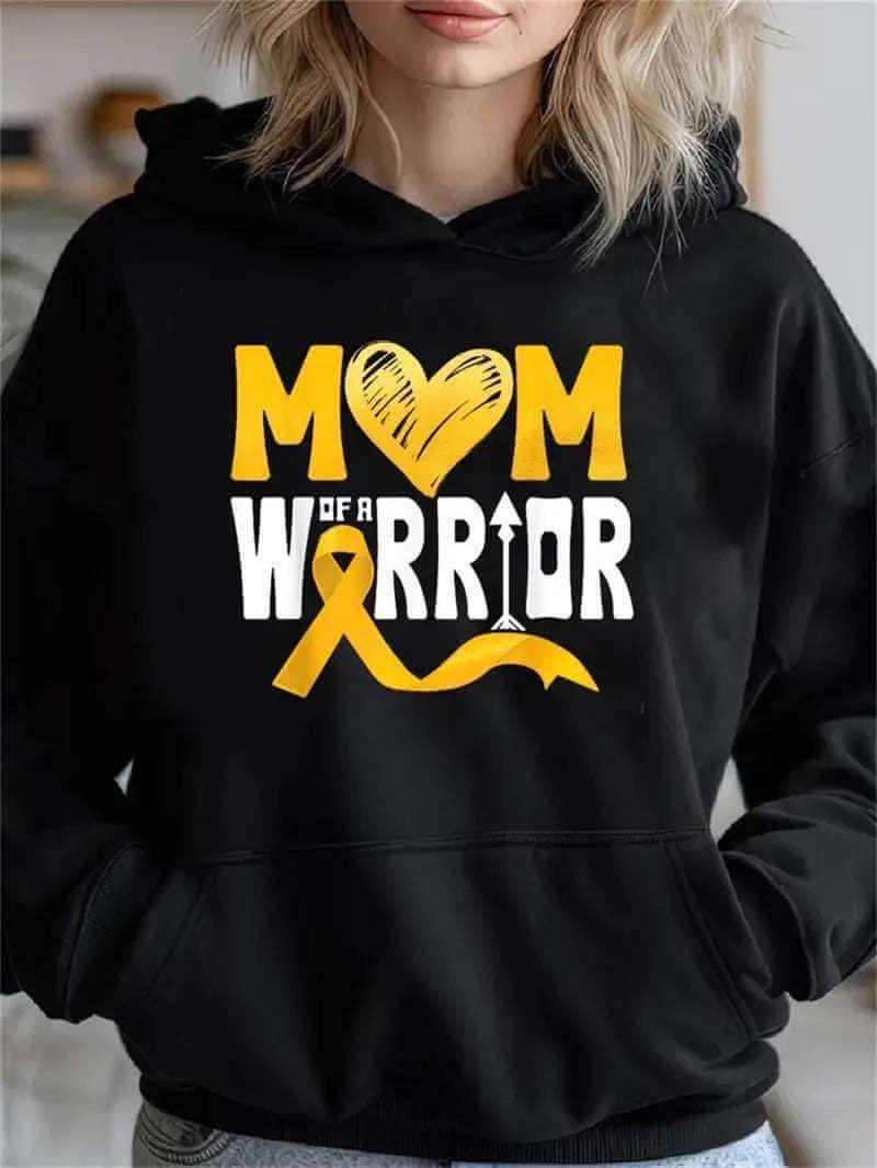 woman wearing black comfortable polyester hoodie with "Mom Warrior" yellow design