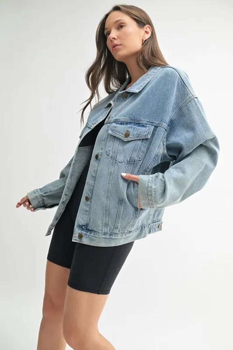 MONO B boxy-cut denim jacket featuring a relaxed fit and a timeless design, perfect for casual layering.