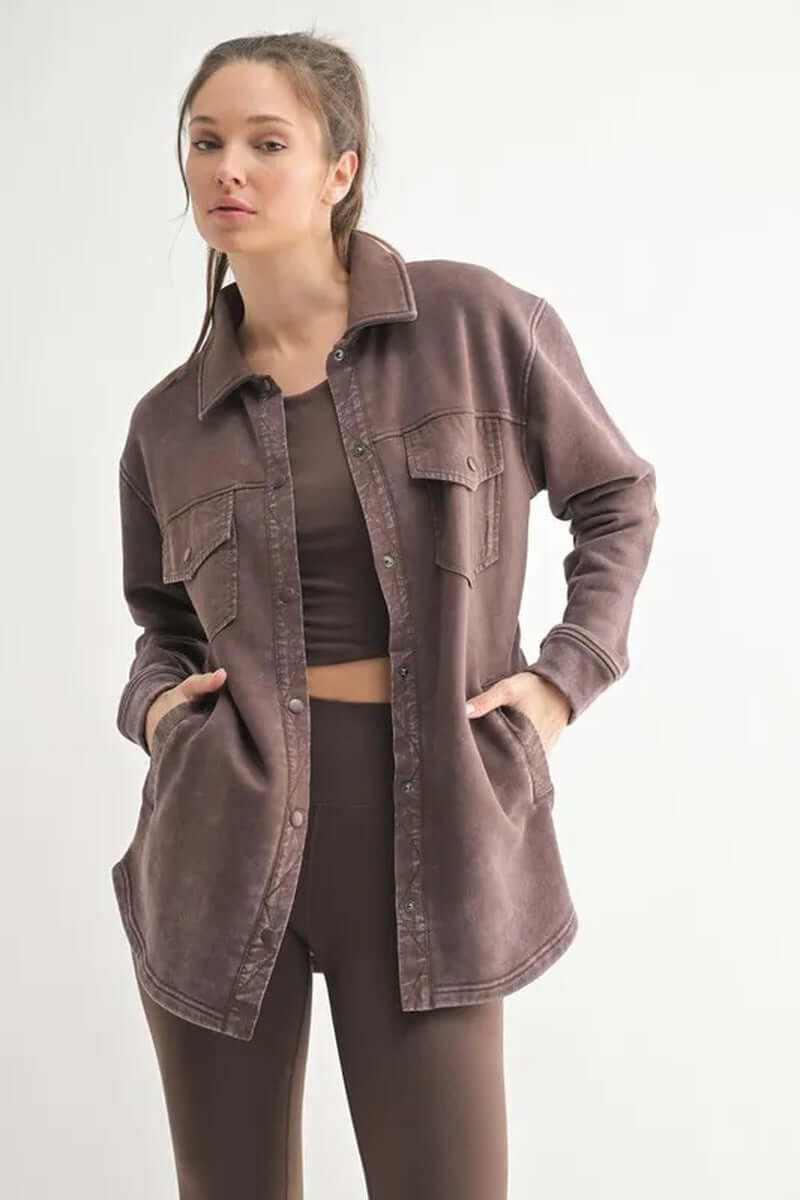 MONO B snap-on shacket in brown with pockets, styled with matching outfit. Versatile, trendy clothing for casual wear.