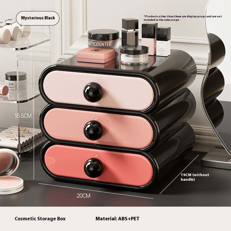 Multi-layer household beauty storage cabinet in black and pink with three drawers for cosmetics organization