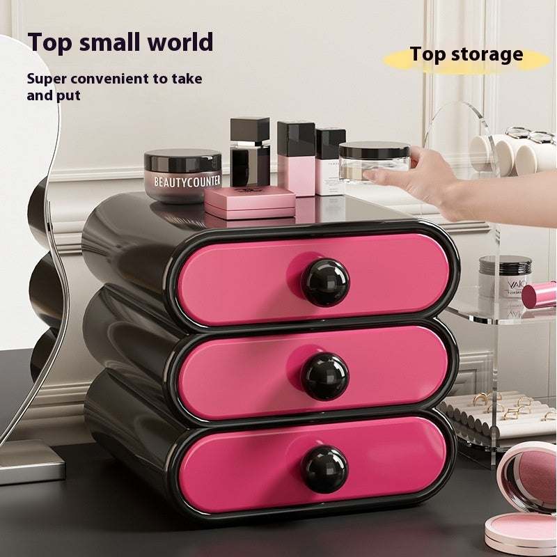 Multi-Layer Household Beauty Storage Cabinet with three pink drawers and black frame for organizing cosmetics