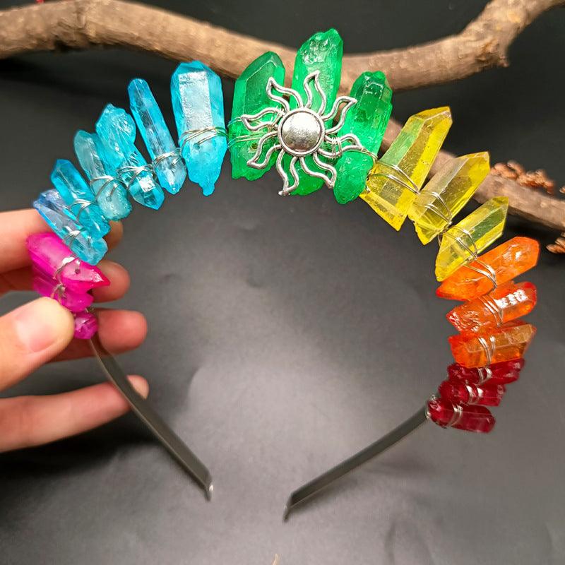 Handmade natural crystal crown hair band with multicolor crystals and silver sun detail