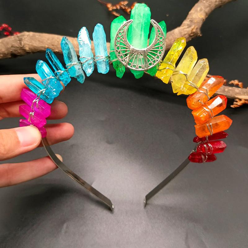 Handmade natural crystal crown hair band with colorful quartz crystals and silver decorative crescent centerpiece
