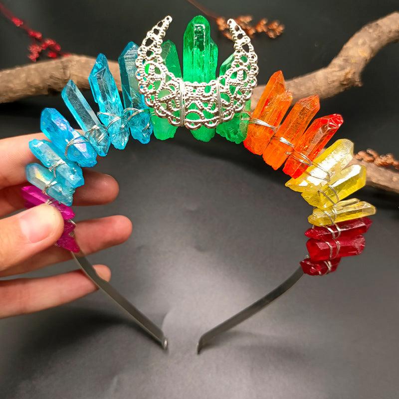 Natural crystal crown hairband with colorful rainbow crystals and silver moon centerpiece, handmade accessory for women