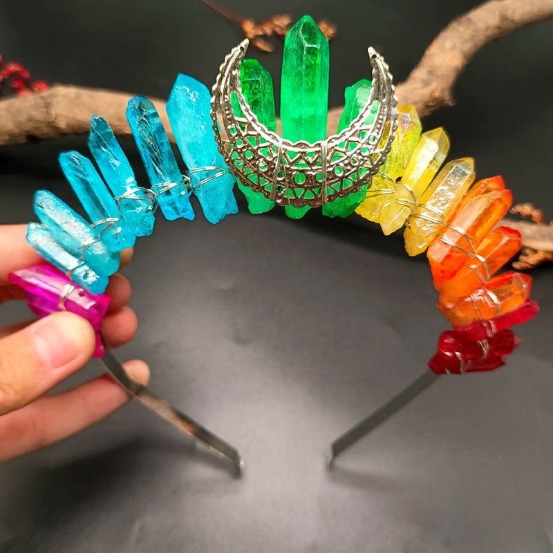 Natural crystal crown hair band with colorful handmade crystal points and silver crescent design