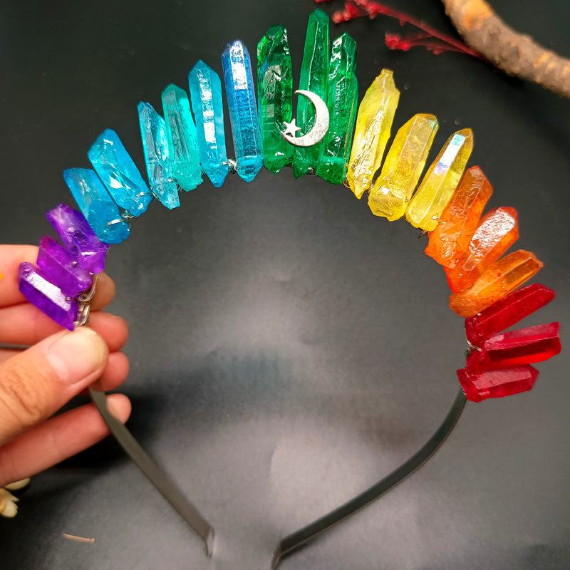 Handmade natural crystal crown hair band with rainbow-colored crystals and moon charm for women