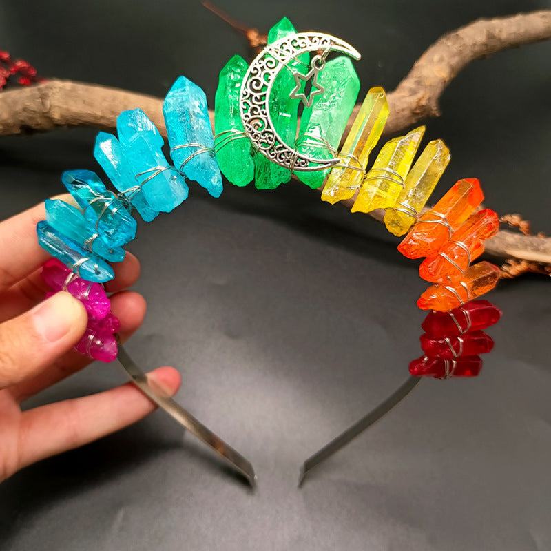 Handheld natural crystal crown hair band with colorful crystals and crescent moon charm
