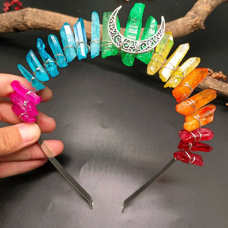 Handmade natural crystal crown hair band with rainbow-colored crystals and crescent moon detail