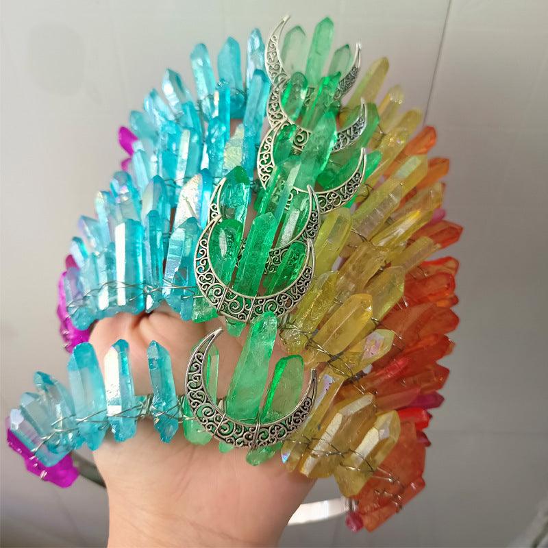 Colorful natural crystal crown hair bands with silver crescent moon accents handcrafted for women