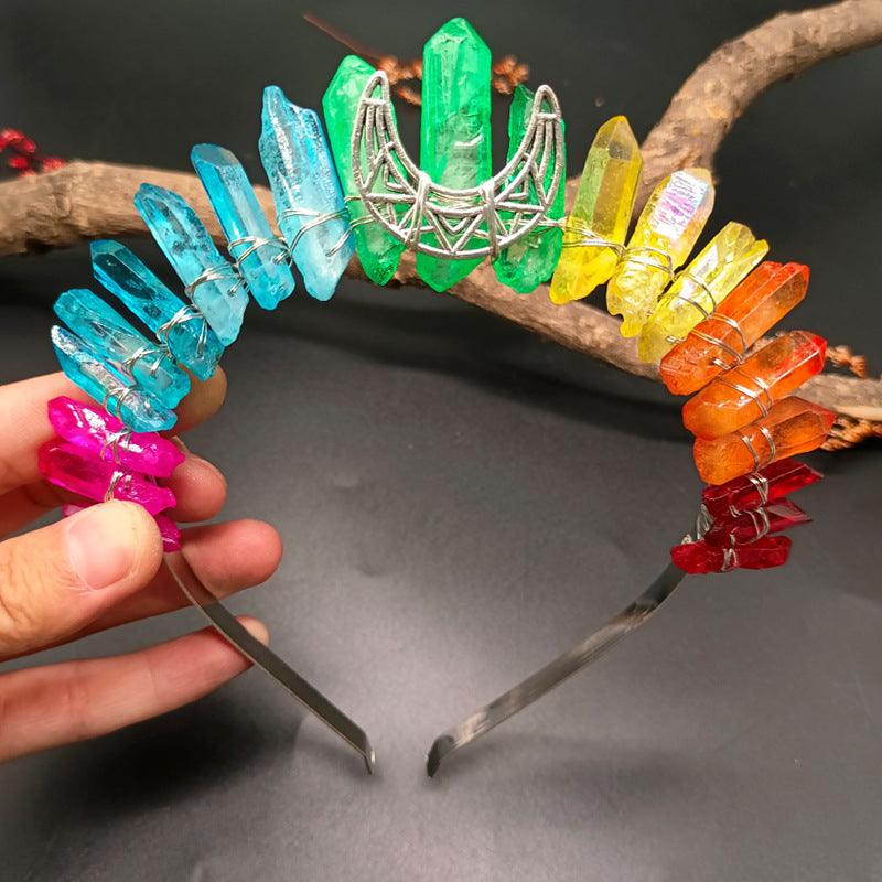 Colorful natural crystal crown hair band with handmade crystal points and silver moon detail