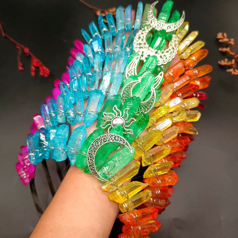 Colorful natural crystal crown hair bands with decorative silver crescent moon and sun charms, handmade accessories for women