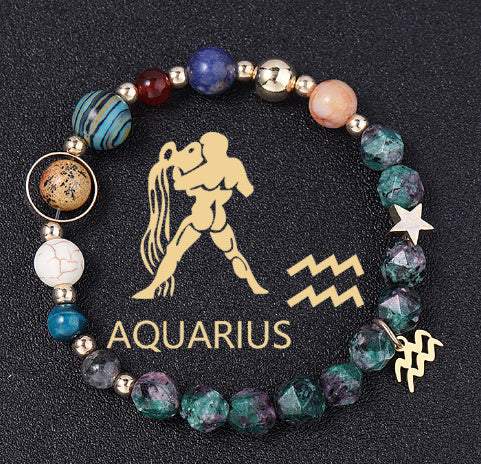 Natural stone twelve constellations bracelet featuring Aquarius zodiac design and colorful beads