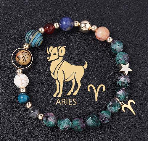 Natural stone Aries constellation bracelet with colorful beads and gold accents