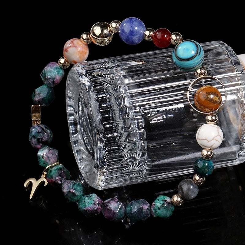Natural stone twelve constellations bracelet with colorful zodiac beads and gold accents for women fashion accessory