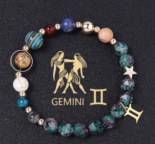 Natural stone twelve constellations bracelet with Gemini zodiac design and colorful gemstone beads