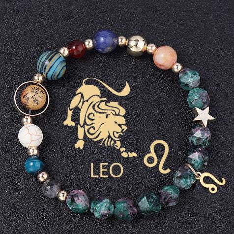 Natural Stone Twelve Constellations Bracelet featuring Leo zodiac design with multi-colored natural stone beads and gold-tone accents