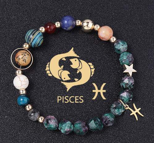 Natural stone Pisces constellation bracelet with multicolor beads and zodiac charms