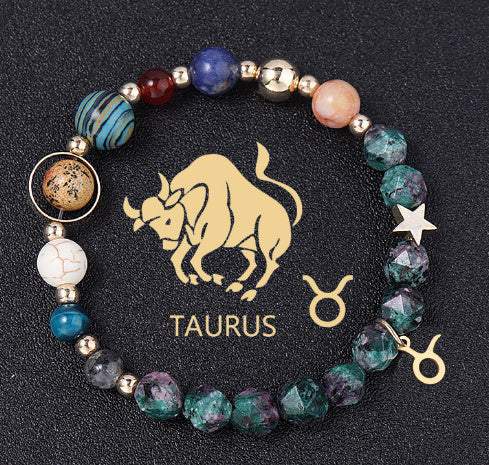 Natural stone Taurus constellation bracelet with multicolor beads and zodiac charms on black background