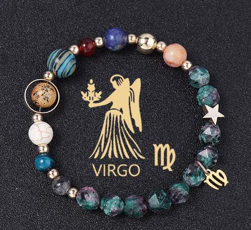 Natural stone twelve constellations Virgo zodiac bracelet with mixed beads and gold accents