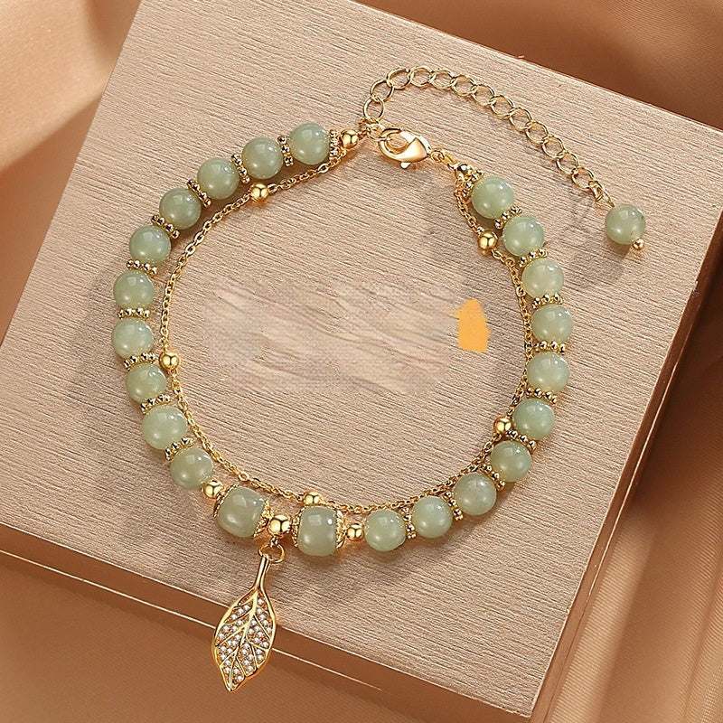 New Chinese style Descendants Of The Rich women's bracelet with green beads and gold leaf charm