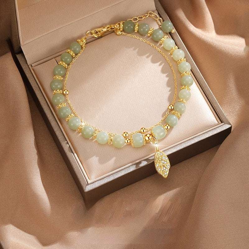 Chinese style Descendants of the Rich women's bracelet with leaf charm and mixed materials in gift box