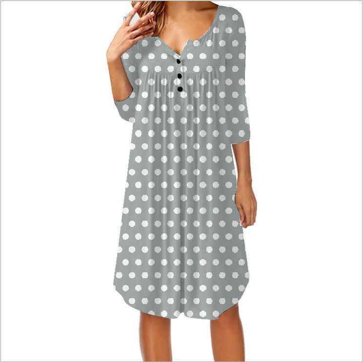 Polka dot print mid-length pleated loose dress with button front and three-quarter sleeves
