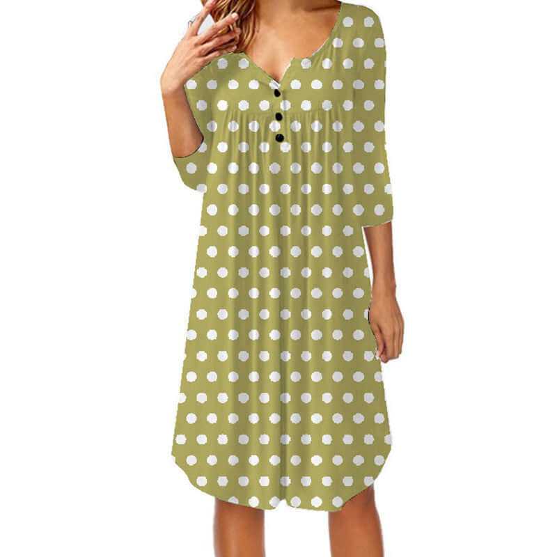 Green mid-length polka dot print pleated loose dress with buttons and three-quarter sleeves