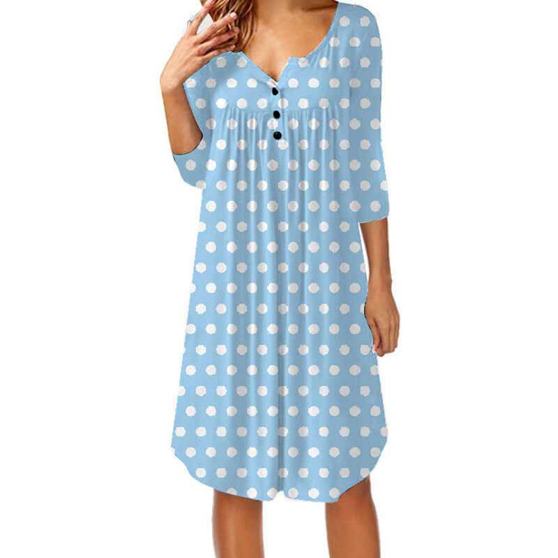 Light blue polka dot print loose pleated mid-length dress with buttons and 3/4 sleeves