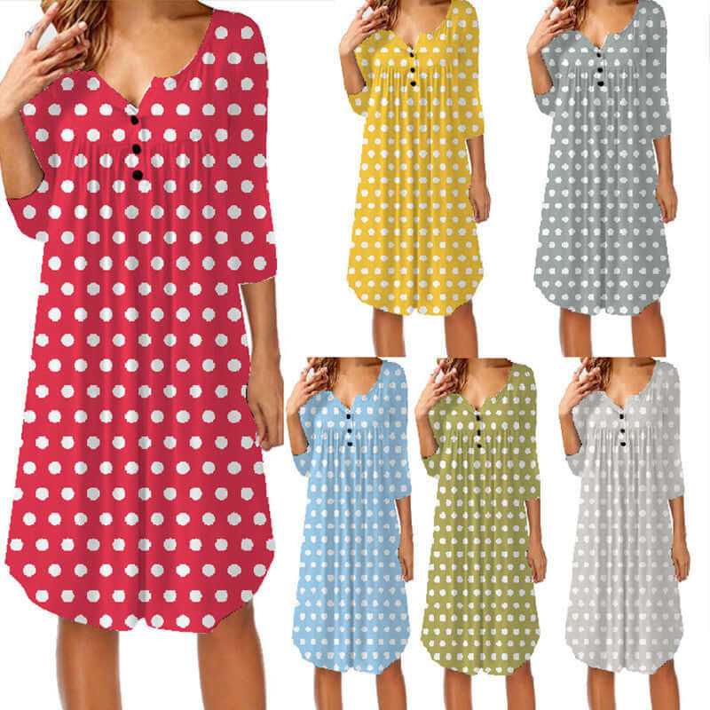 Polka dot print button pleated loose mid-length dress in multiple colors with semi-open collar and seven-point sleeves