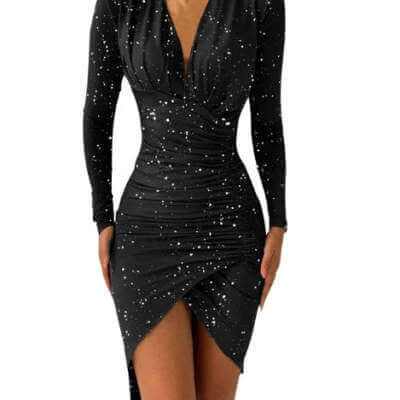 Black printed slim dress for women with long sleeves and a ruched asymmetrical hem