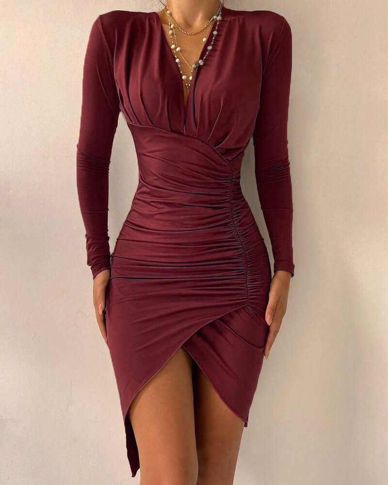 maroon printed slim dress for women with long sleeves and ruched skirt design